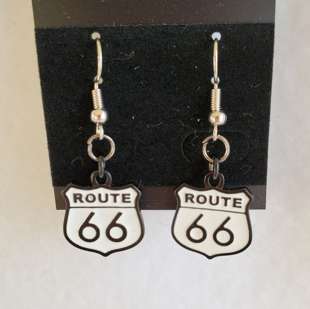 Womens Route 66 black & white hook earrings